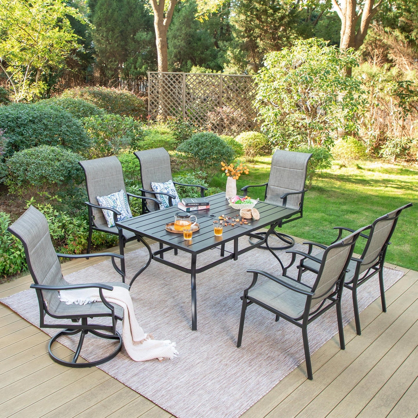 MF Studio 7 Pieces Outdoor Patio Dinning Set with 6 Pieces Textilene Chairs & 1 Piece Metal Steel Table, Black & Gray