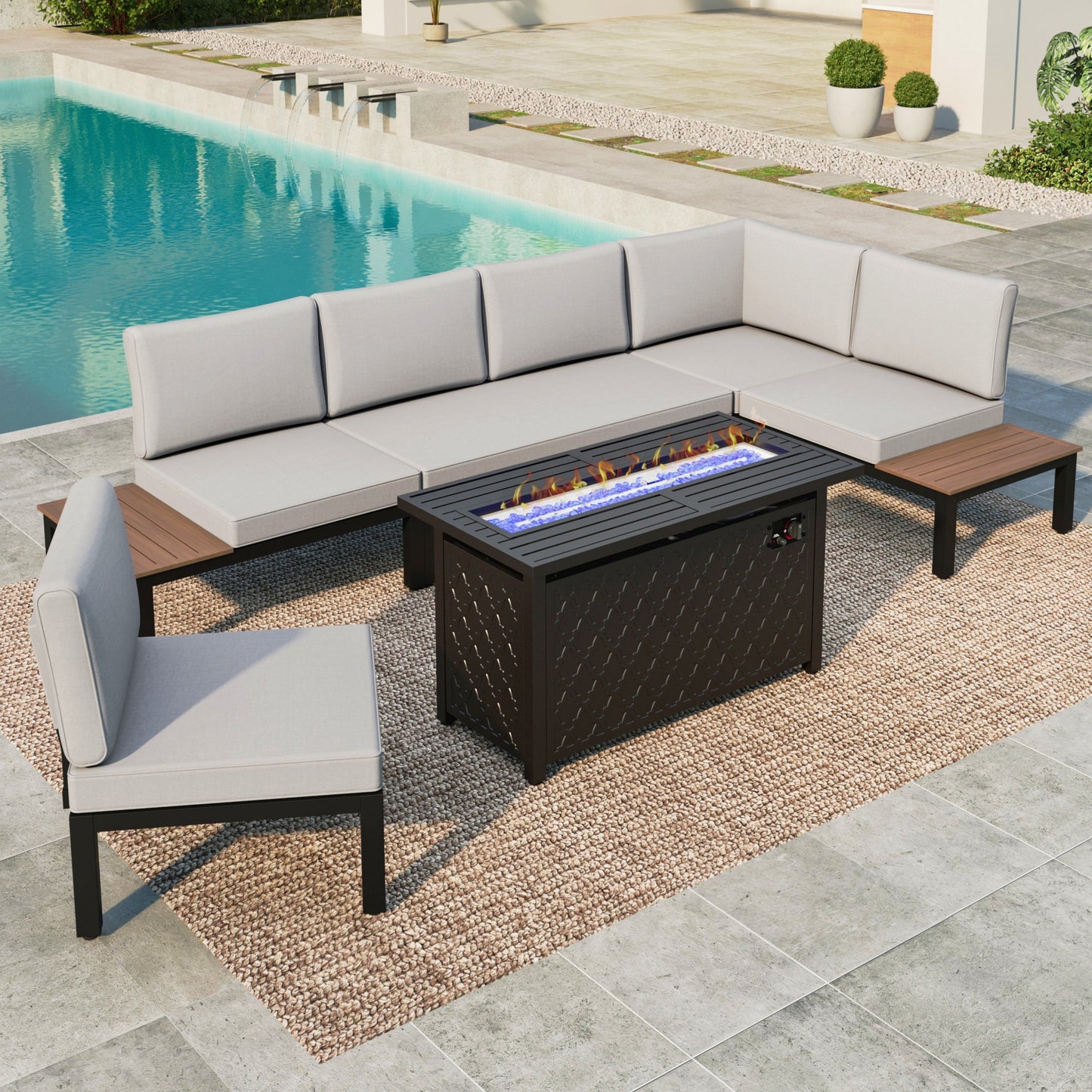 MF Studio 6-Seat Outdoor Patio Conversation Set, Outdoor Sectional Sofa with Full Set Cushions & 5000 BUT Fire Pit Table, Black & Light Gray