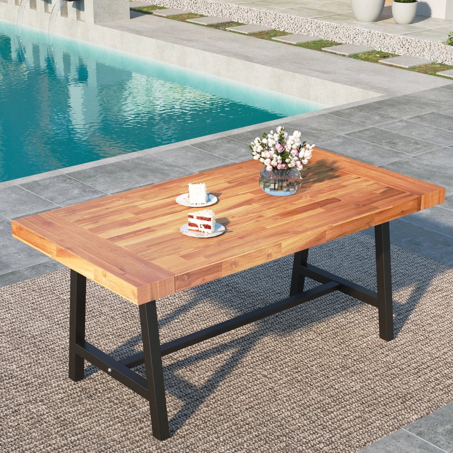 MF Studio Patio 6-Seat Acacia Wood Table Outdoor Dining Picnic Coffee Table for Backyard, Garden, Lawn, Farmhouse-Teak Color