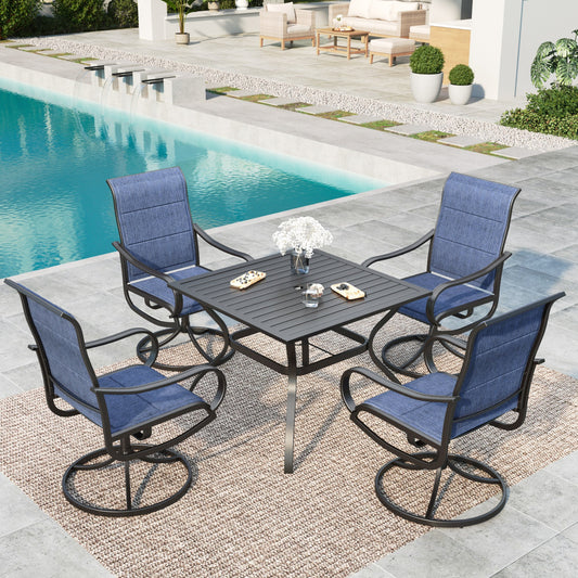 MF Studio 5-Piece Outdoor Patio Dining Set with High-Back Padded Swivel Chairs & Square Table for 4-Person, Black & Blue