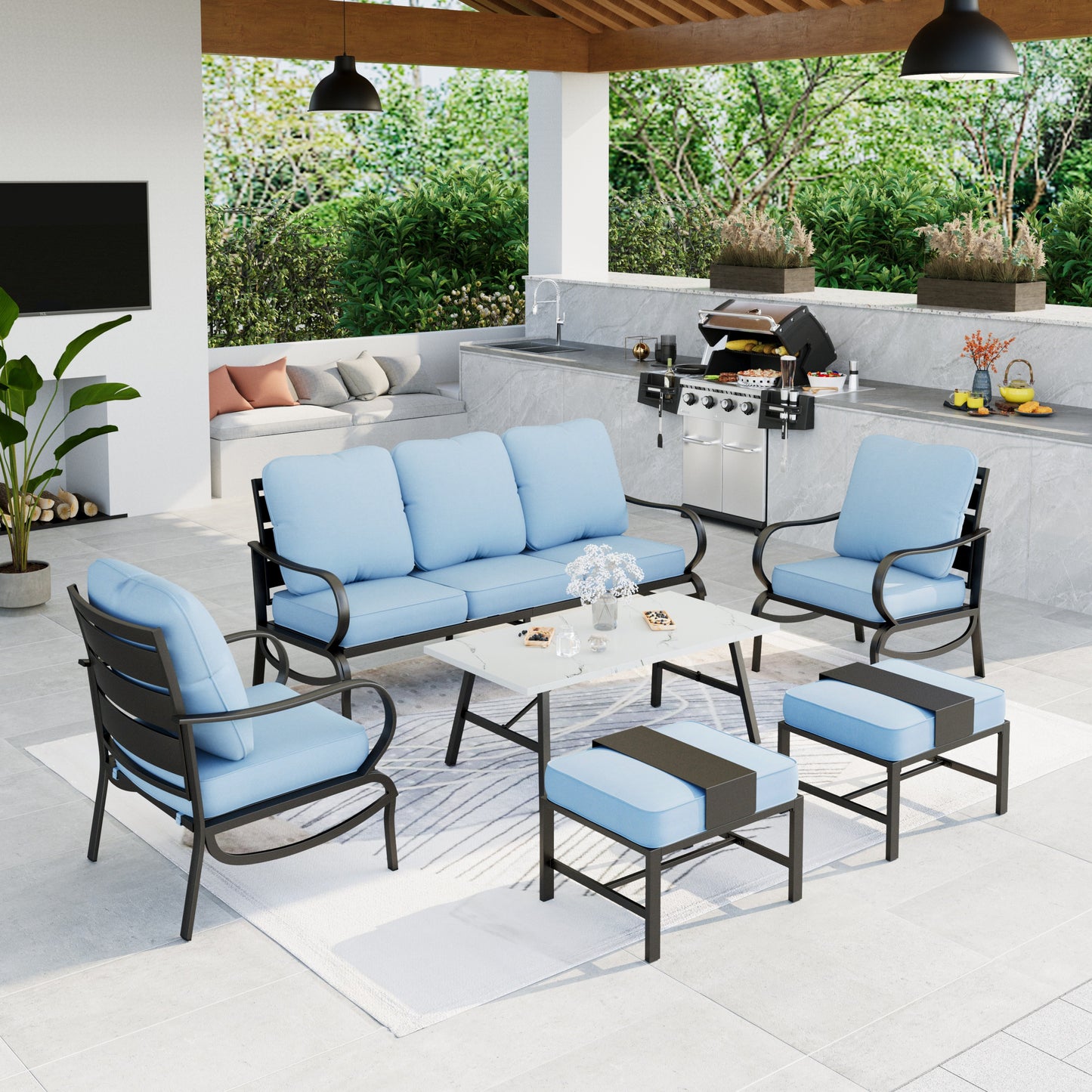 Summit Living Patio Conversation Set Outdoor Metal Furniture Sectional Sofa with Blue Cushion