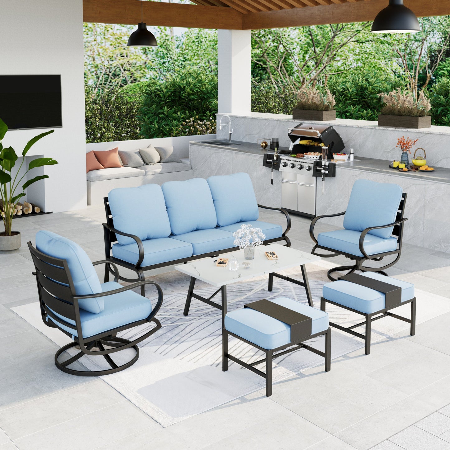 Summit Living Patio Conversation Set Outdoor Metal Furniture Sectional Sofa with Blue Cushion