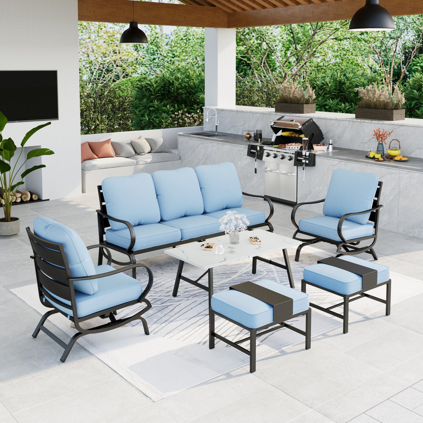 Summit Living Patio Conversation Set Outdoor Metal Furniture Sectional Sofa with Blue Cushion