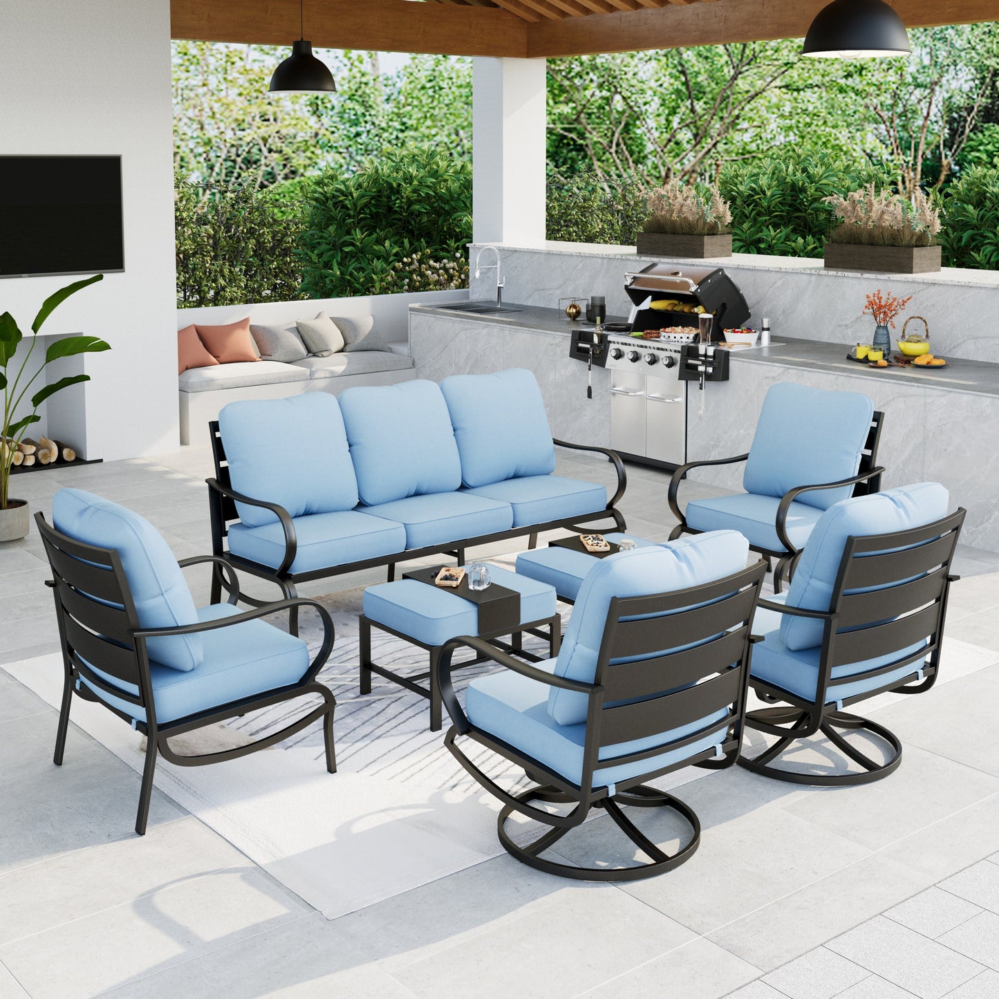 Summit Living Patio Conversation Set Outdoor Metal Furniture Sectional Sofa with Blue Cushion