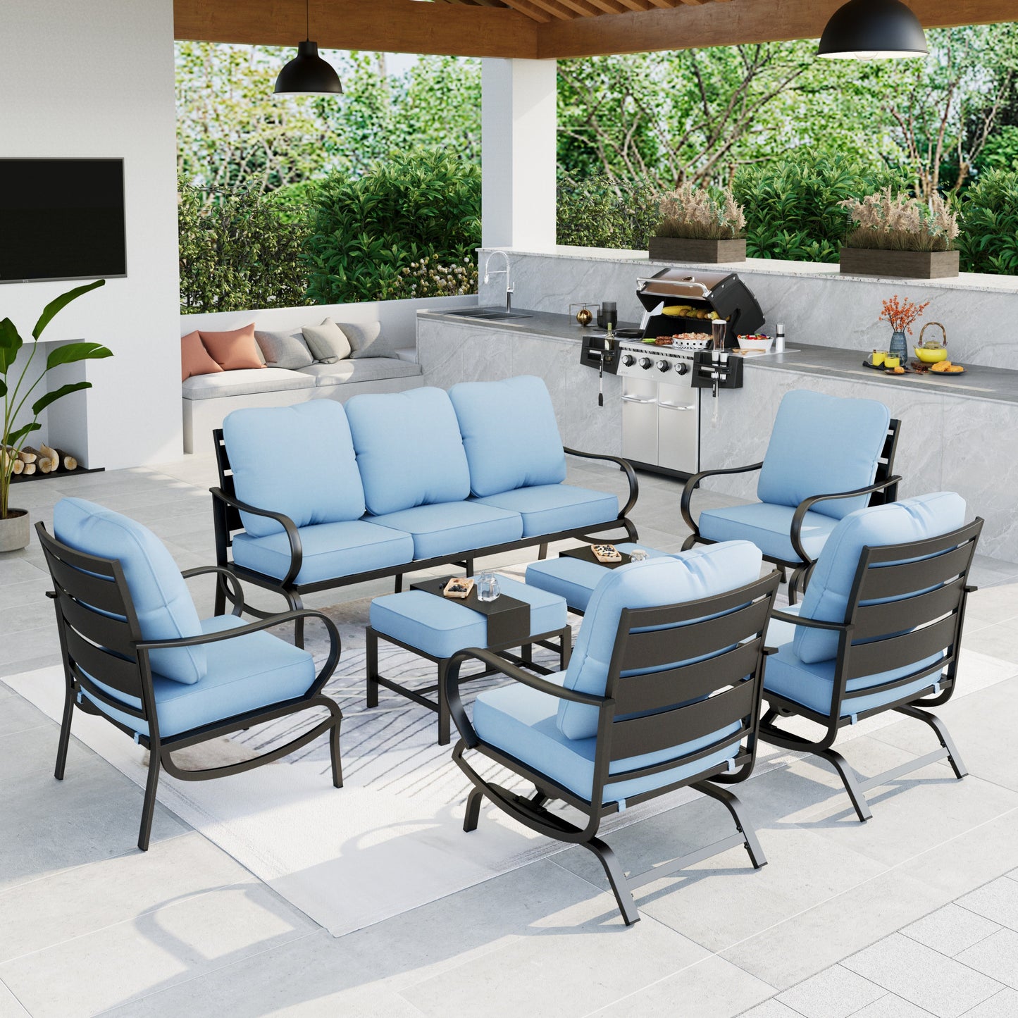 Summit Living Patio Conversation Set Outdoor Metal Furniture Sectional Sofa with Blue Cushion