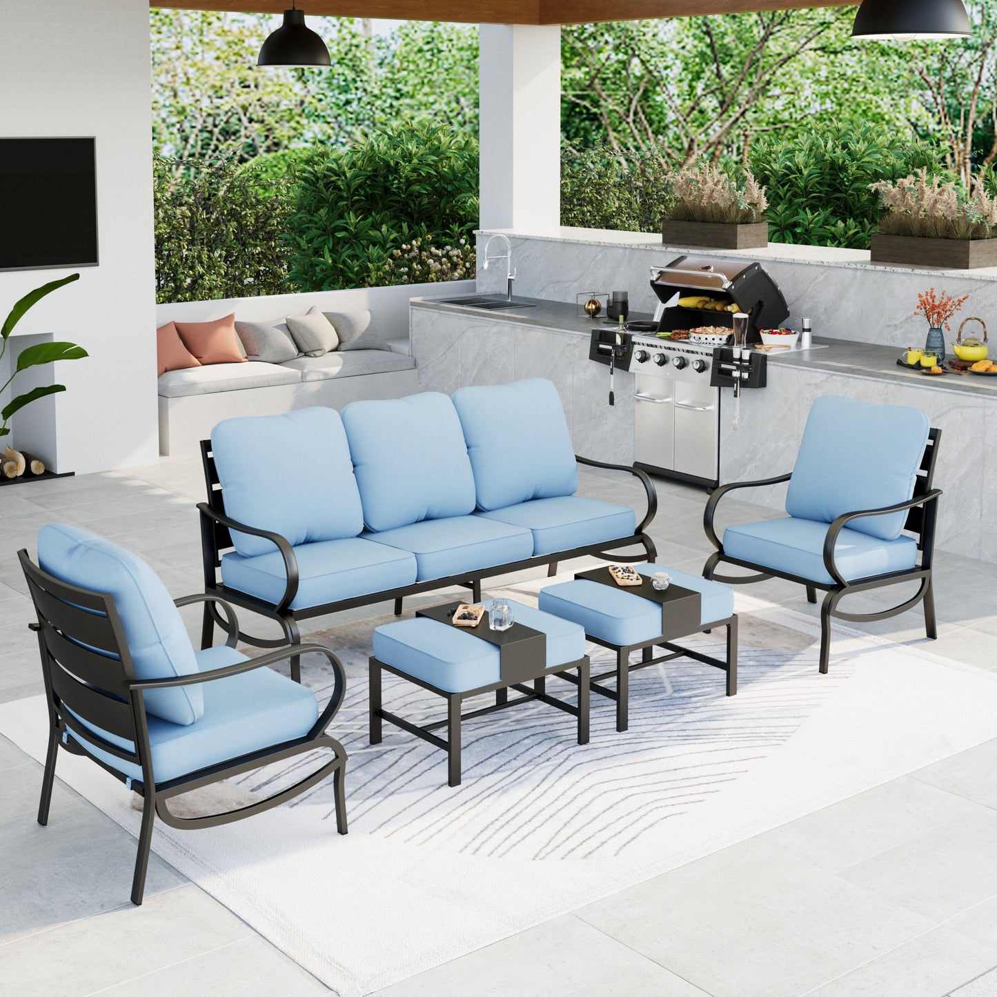 Summit Living Patio Conversation Set Outdoor Metal Furniture Sectional Sofa with Blue Cushion