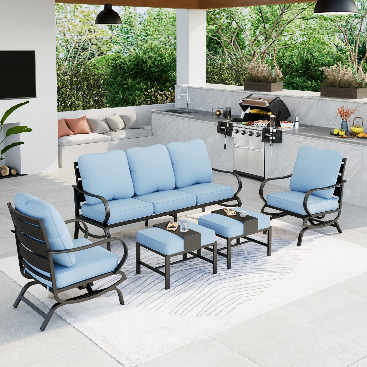 Summit Living Patio Conversation Set Outdoor Metal Furniture Sectional Sofa with Blue Cushion