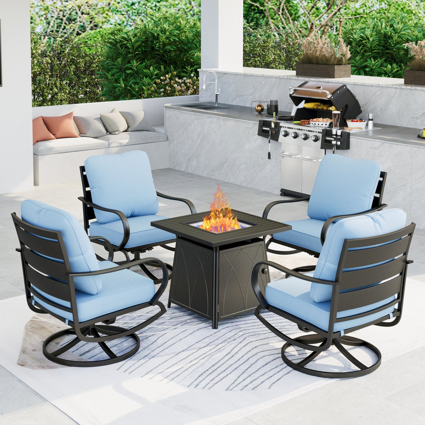 Summit Living Outdoor Furniture with Fire Pit Table Metal Patio Conversation Set, Beige Cushion