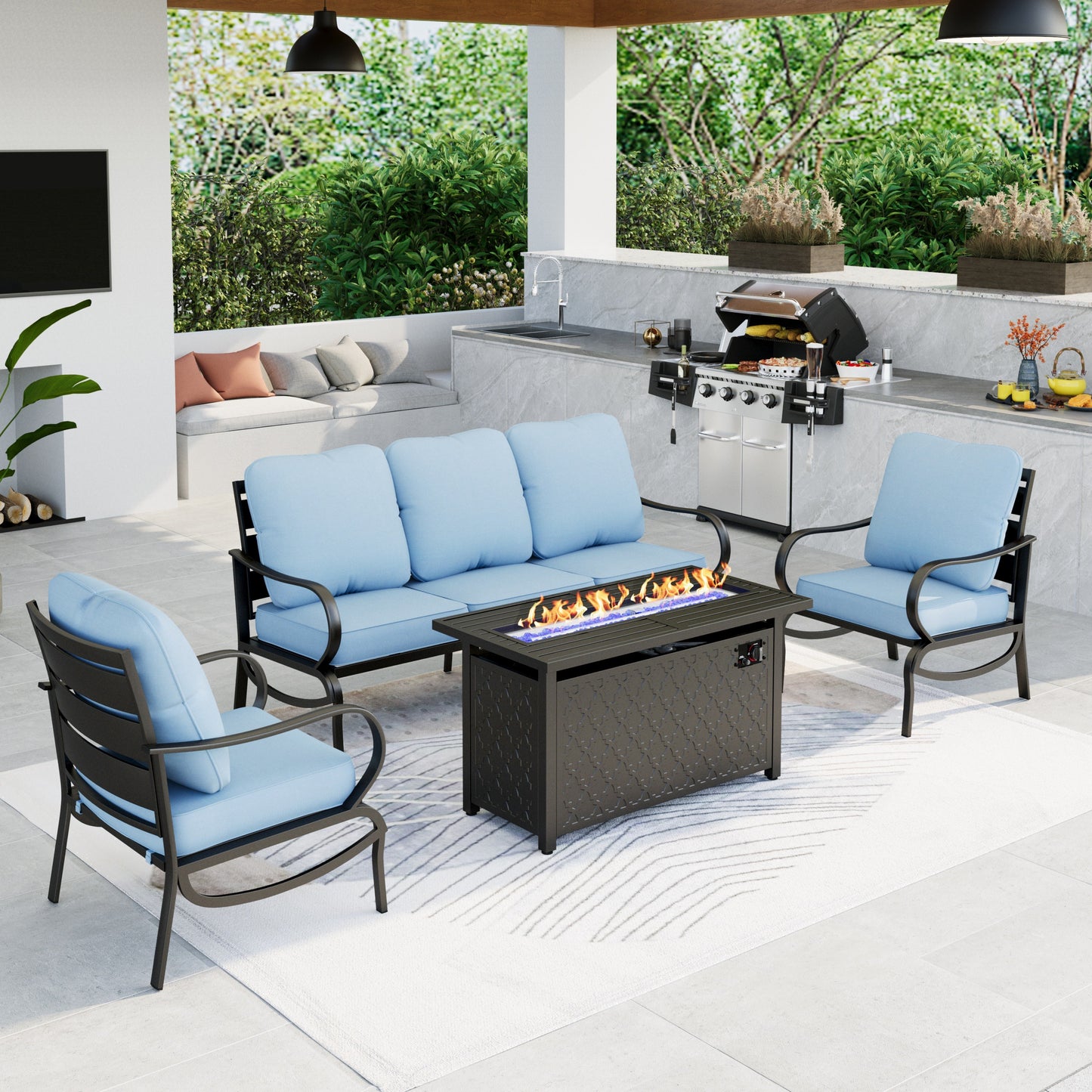 Summit Living Outdoor Furniture with Fire Pit Table Metal Patio Conversation Set, Beige Cushion