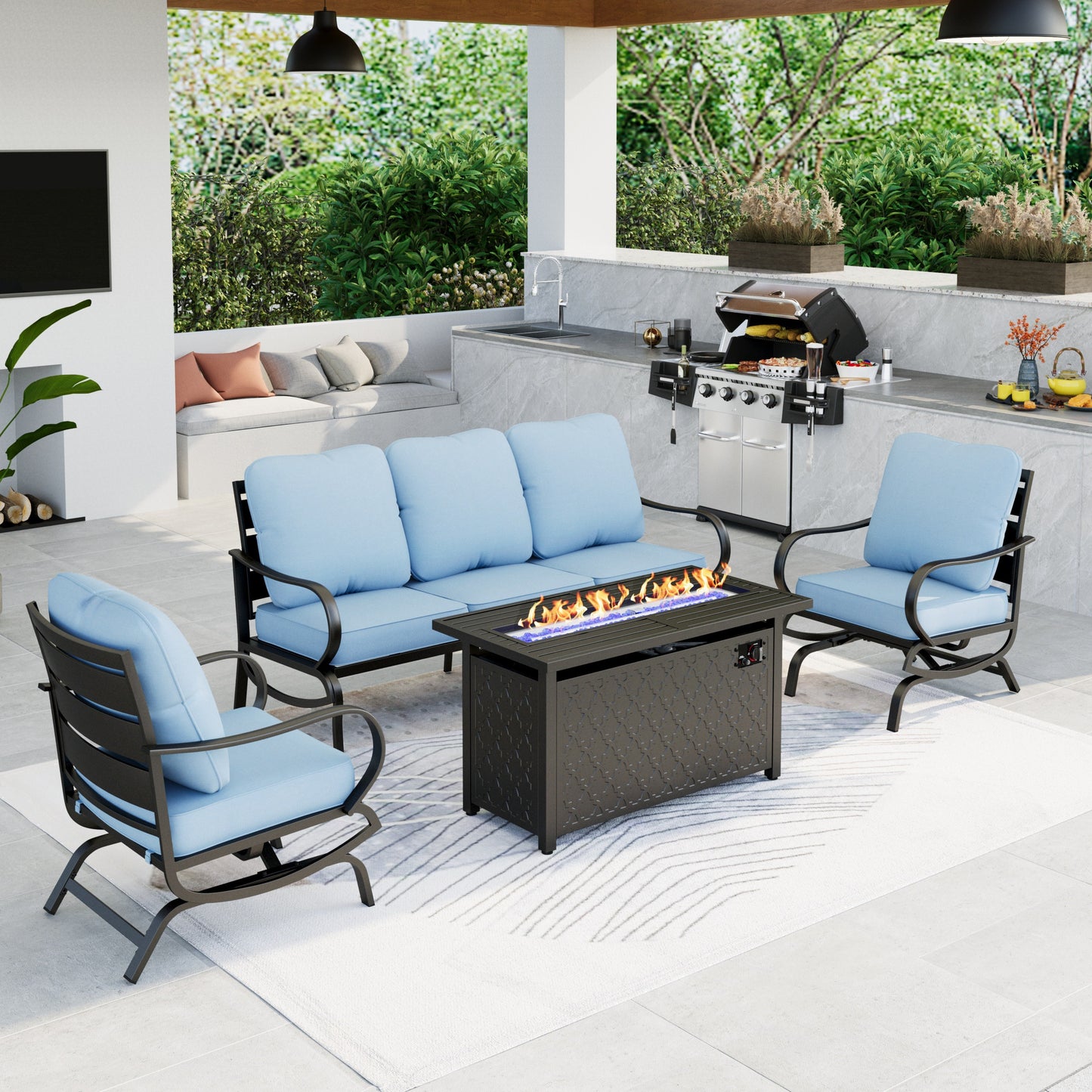 Summit Living Outdoor Furniture with Fire Pit Table Metal Patio Conversation Set, Beige Cushion