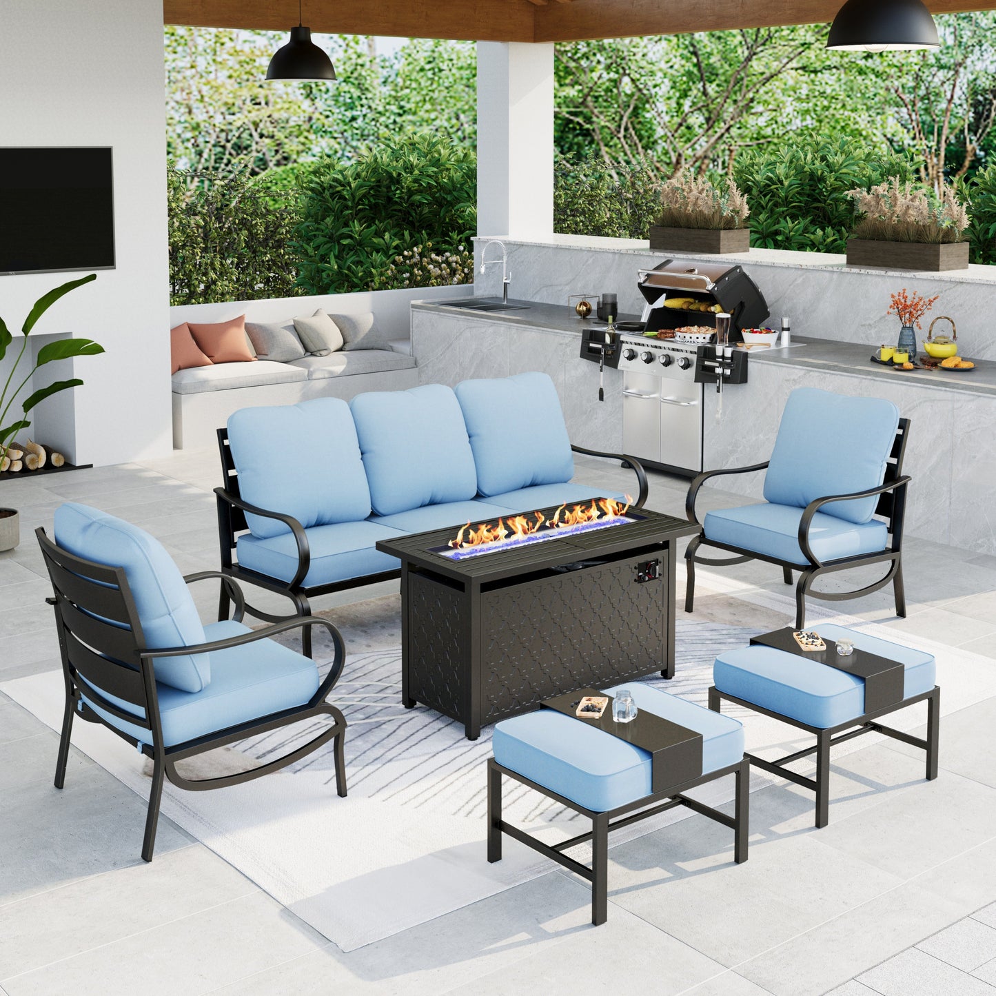 Summit Living Outdoor Furniture with Fire Pit Table Metal Patio Conversation Set, Beige Cushion