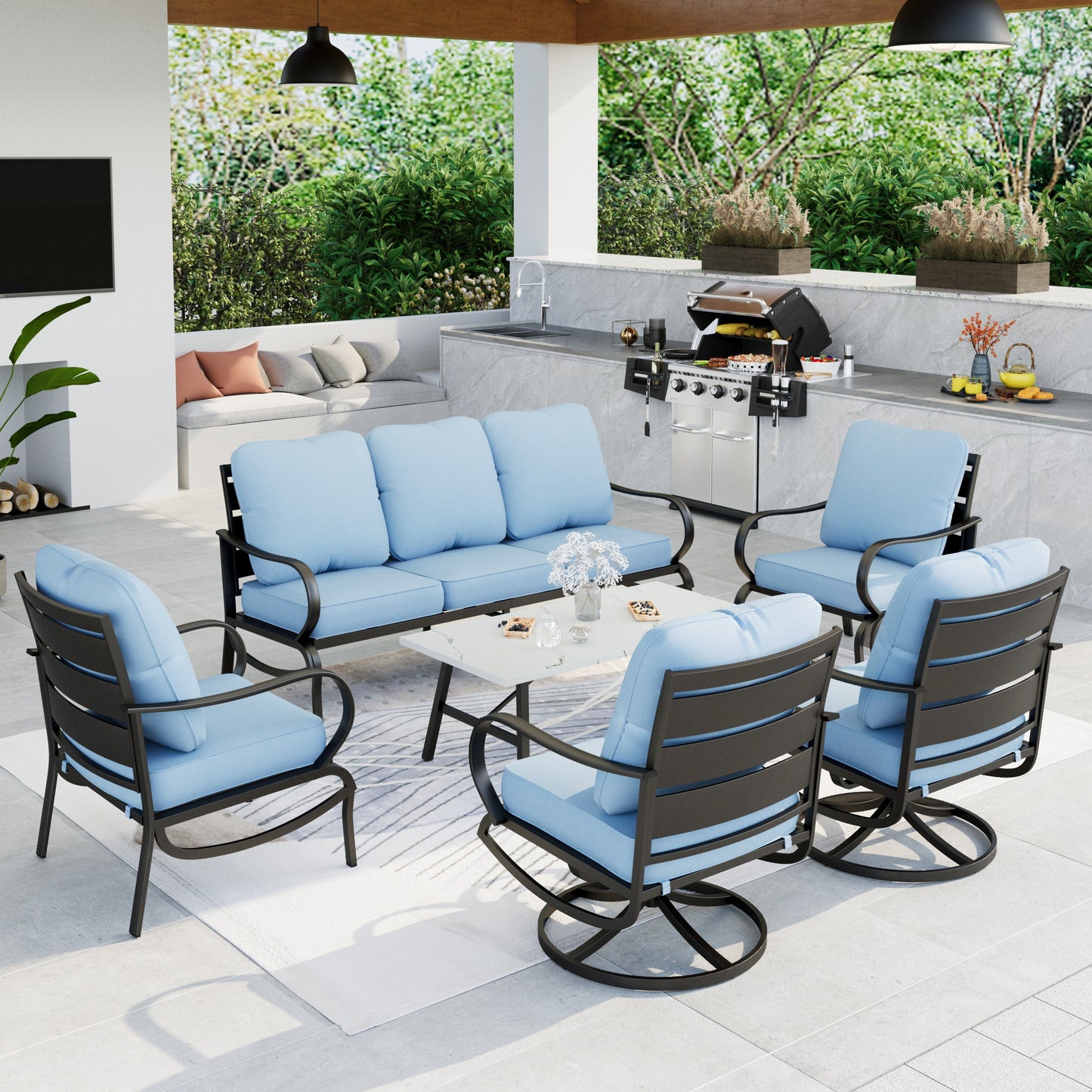 Summit Living Patio Conversation Set Outdoor Metal Furniture Sectional Sofa with Blue Cushion