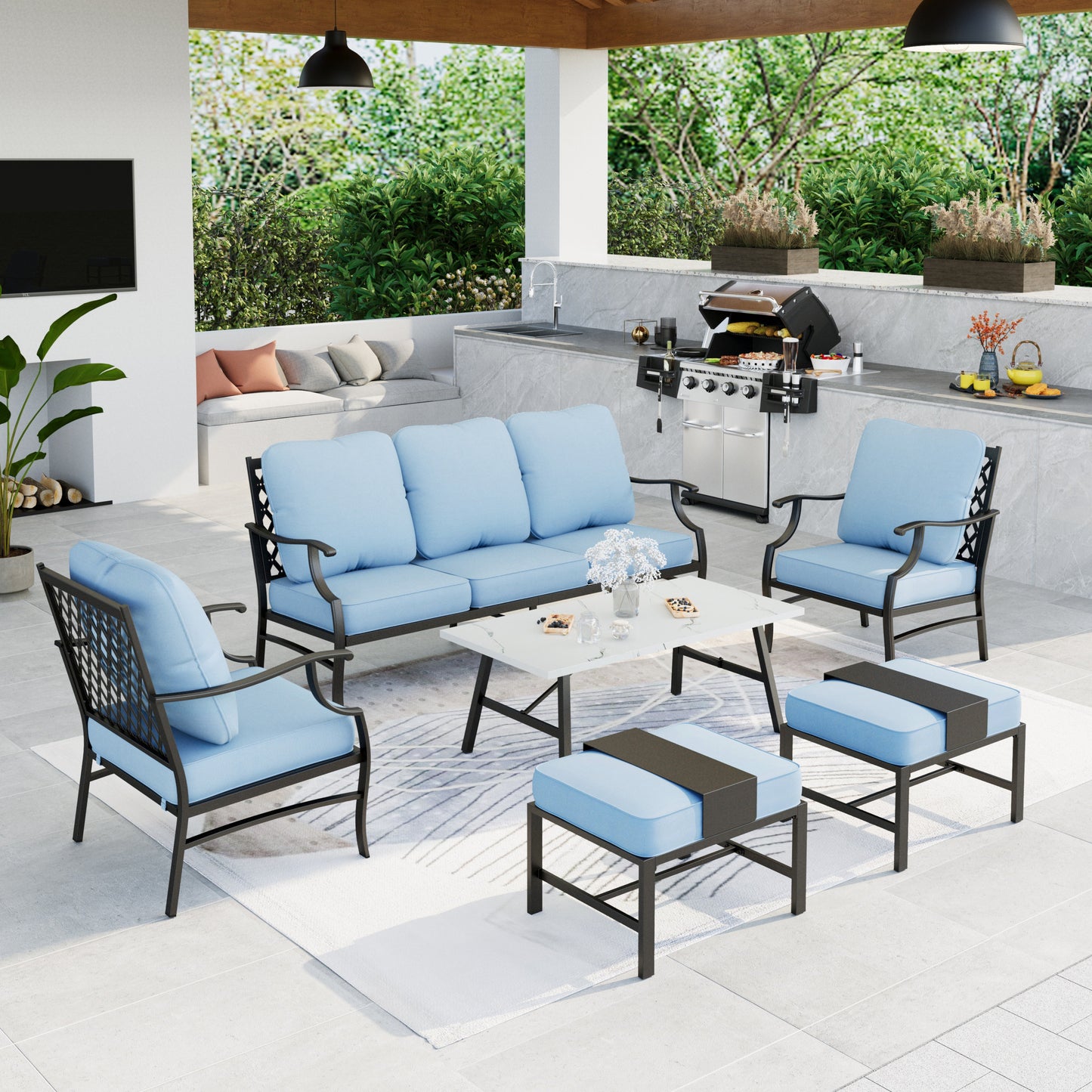 Summit Living Outdoor Conversation Set, Metal Patio Furniture Sofa Set with Blue Cushions