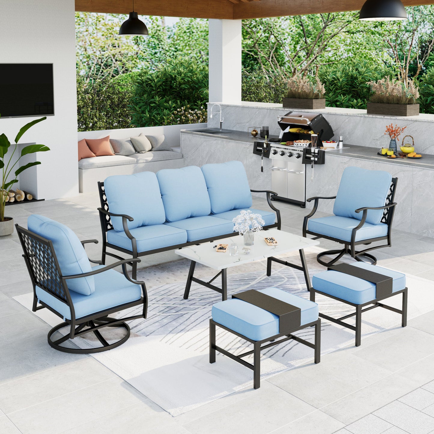 Summit Living Outdoor Conversation Set, Metal Patio Furniture Sofa Set with Blue Cushions