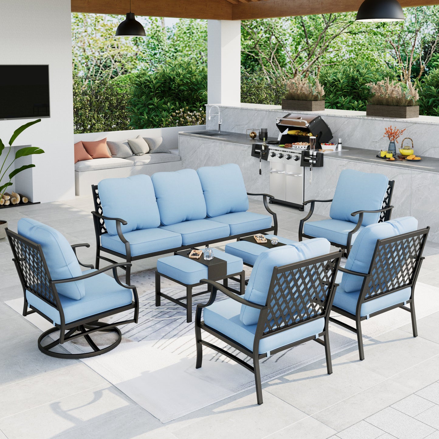 Summit Living Outdoor Conversation Set, Metal Patio Furniture Sofa Set with Blue Cushions