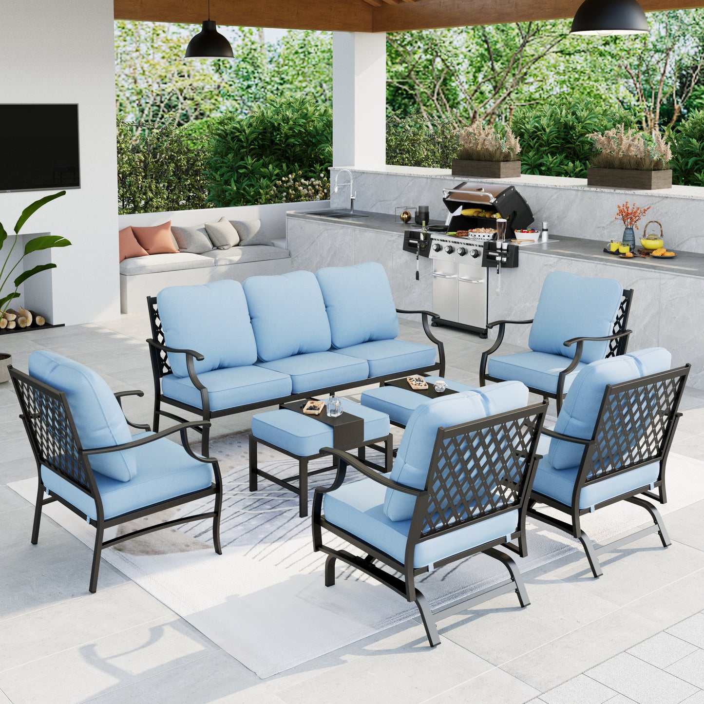 Summit Living Outdoor Conversation Set, Metal Patio Furniture Sofa Set with Blue Cushions