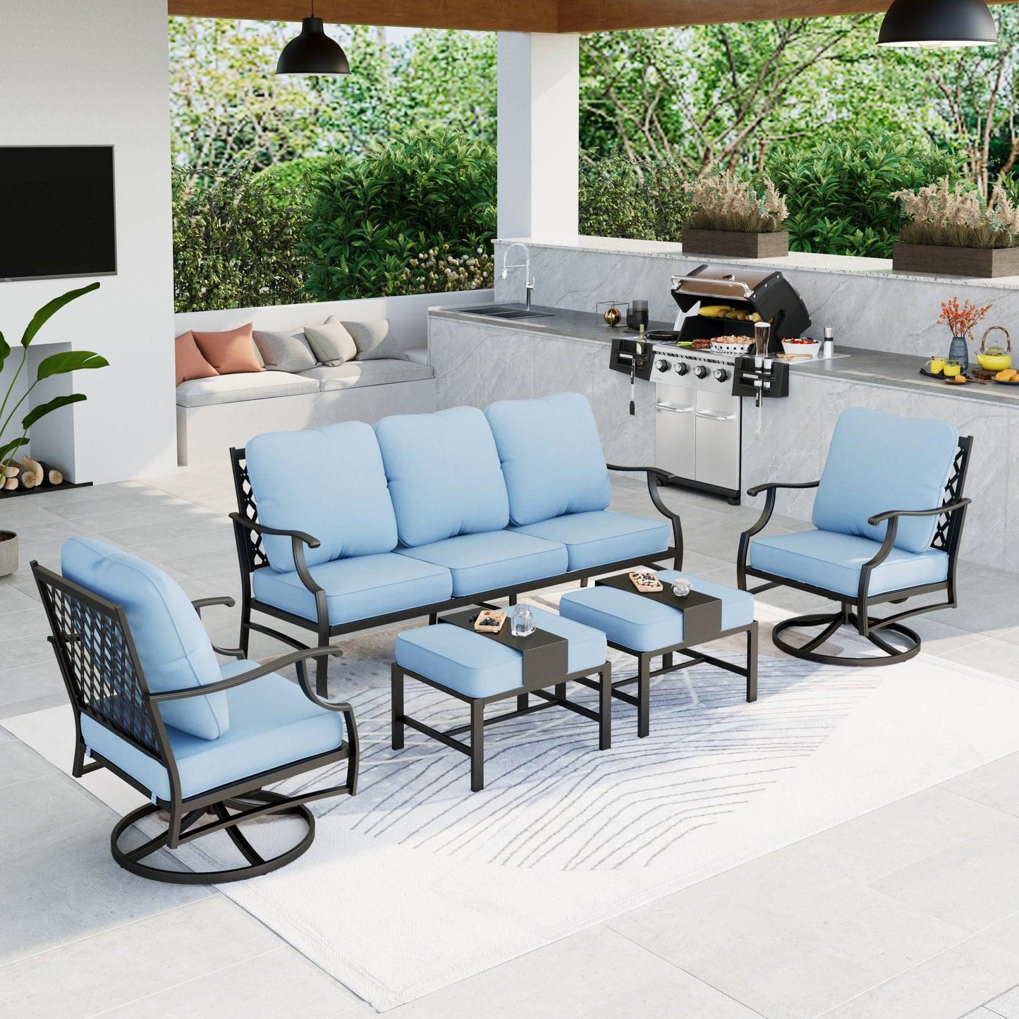 Summit Living Outdoor Conversation Set, Metal Patio Furniture Sofa Set with Blue Cushions