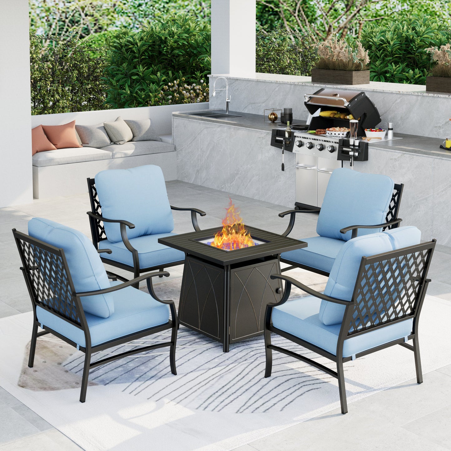 Summit Living Outdoor Conversation Set with Fire Pit Table, Patio Furniture Metal Sectional Sofa with Beige Cushions