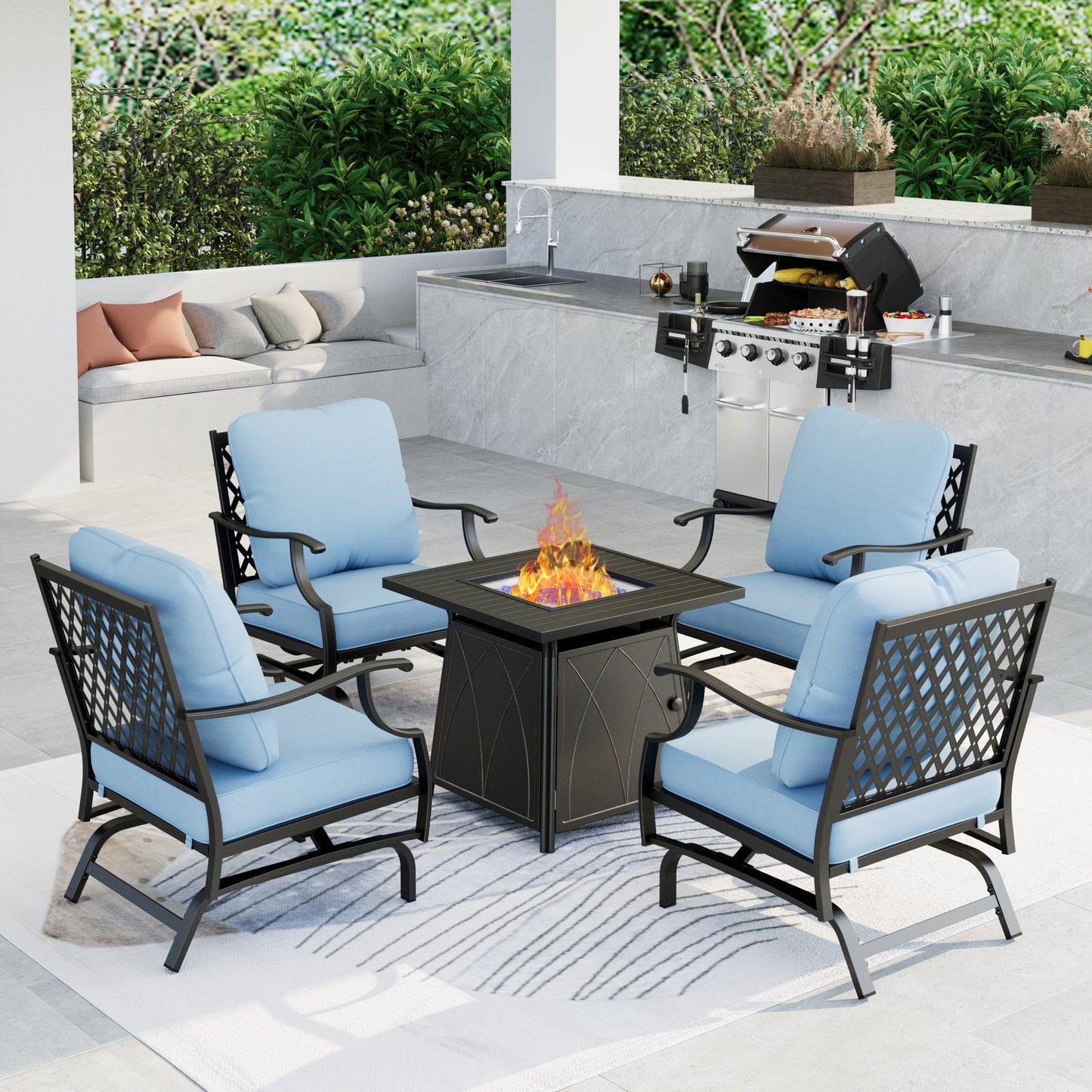 Summit Living Outdoor Conversation Set with Fire Pit Table, Patio Furniture Metal Sectional Sofa with Beige Cushions