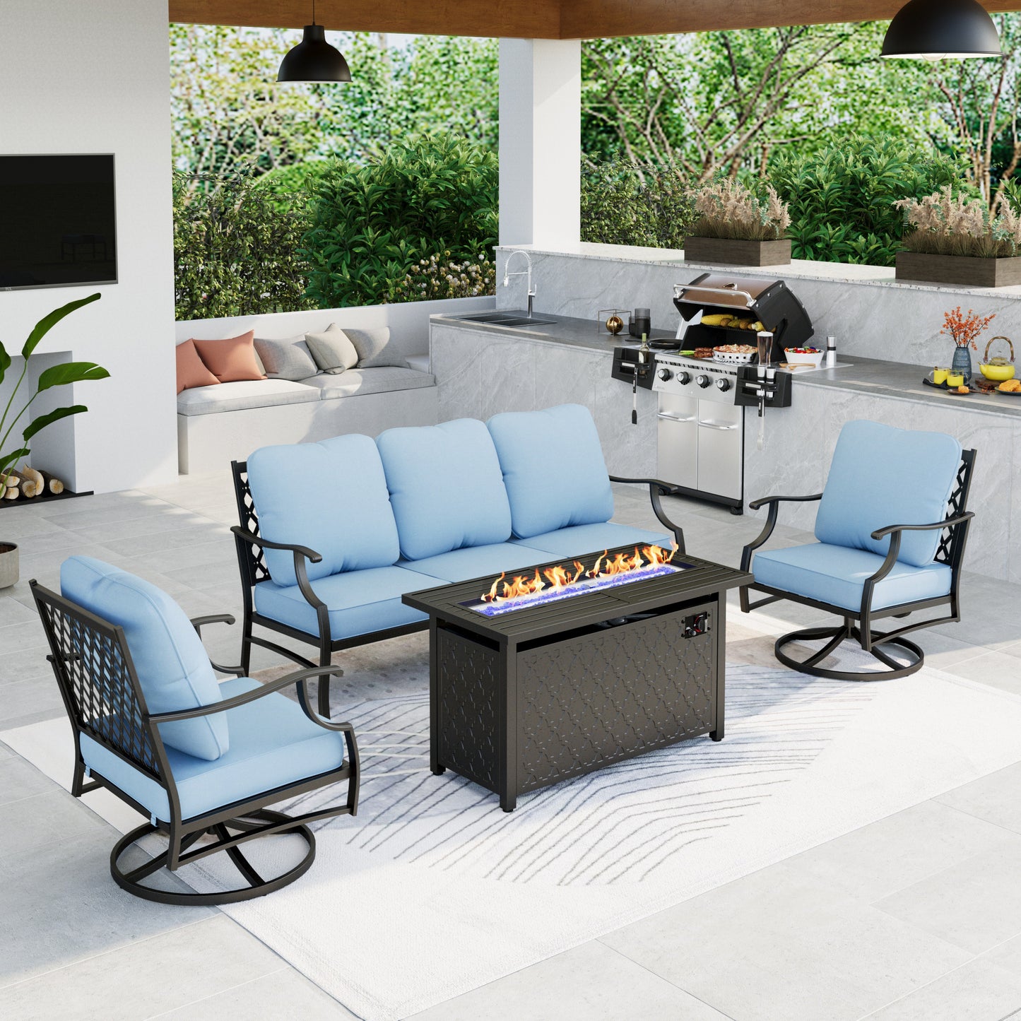 Summit Living Outdoor Conversation Set with Fire Pit Table, Patio Furniture Metal Sectional Sofa with Beige Cushions