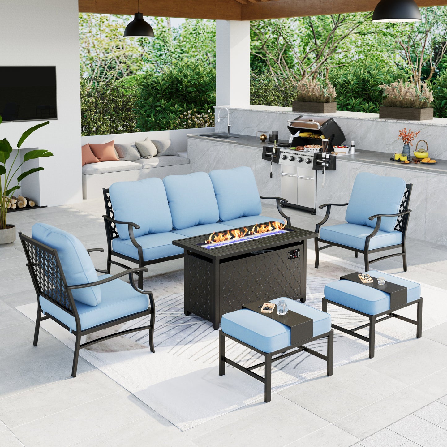 Summit Living Outdoor Conversation Set with Fire Pit Table, Patio Furniture Metal Sectional Sofa with Beige Cushions