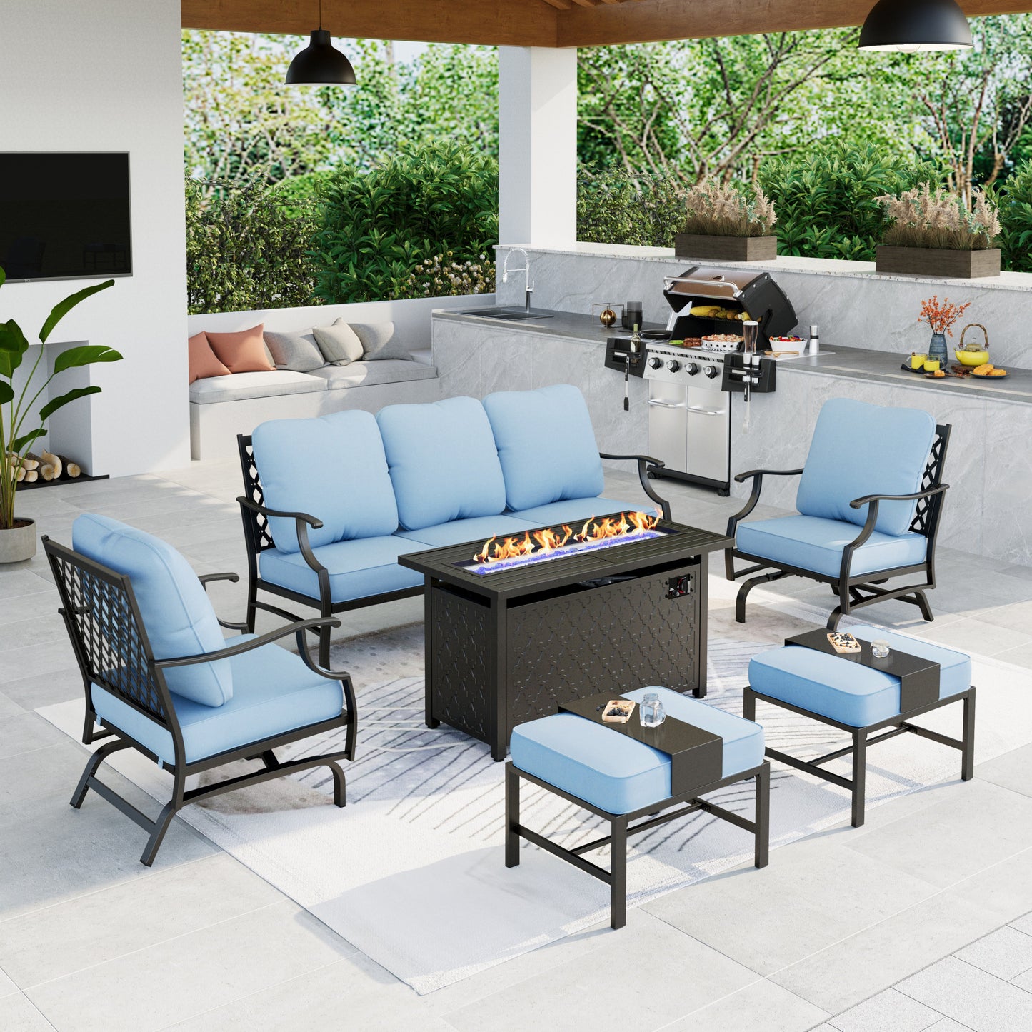 Summit Living Outdoor Conversation Set with Fire Pit Table, Patio Furniture Metal Sectional Sofa with Beige Cushions