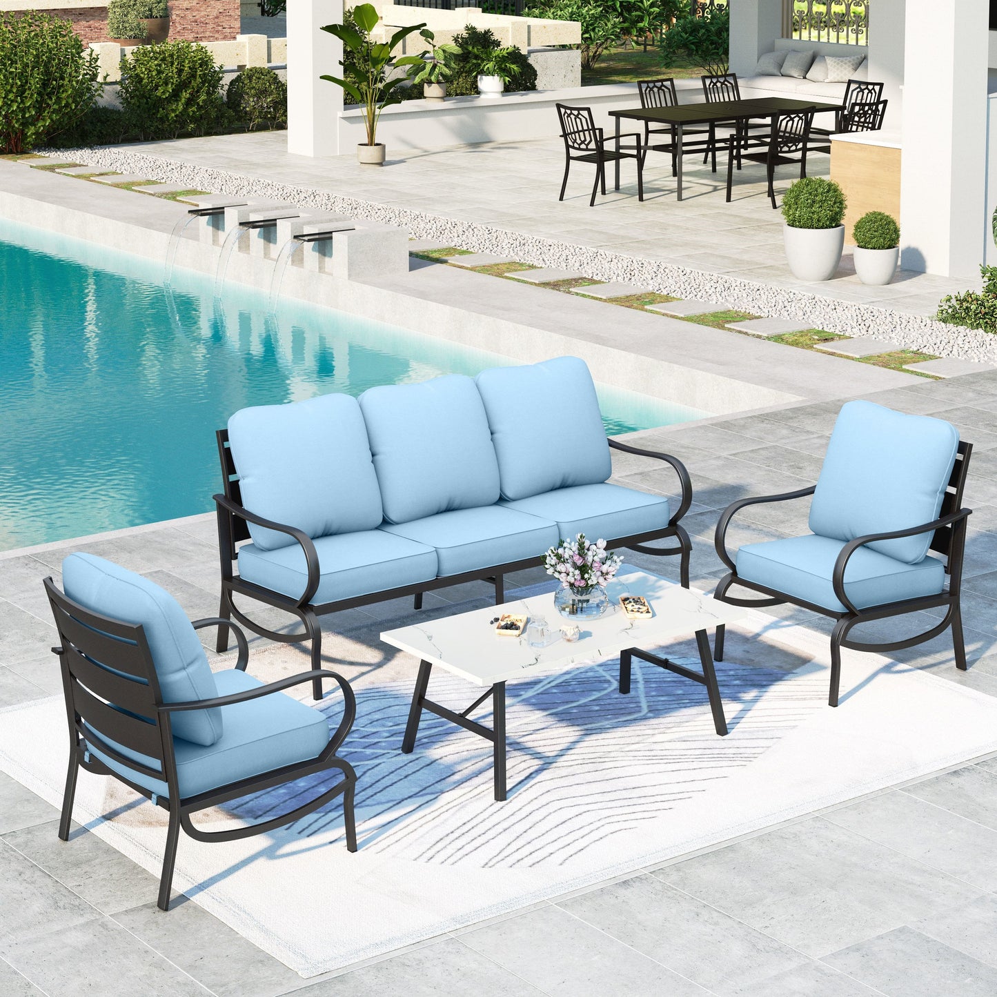 Summit Living Patio Conversation Set Outdoor Metal Furniture Sectional Sofa with Blue Cushion