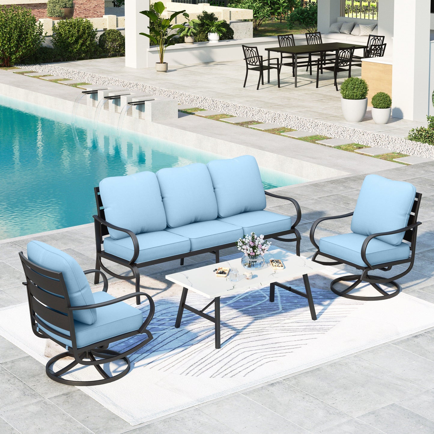 Summit Living Patio Conversation Set Outdoor Metal Furniture Sectional Sofa with Blue Cushion