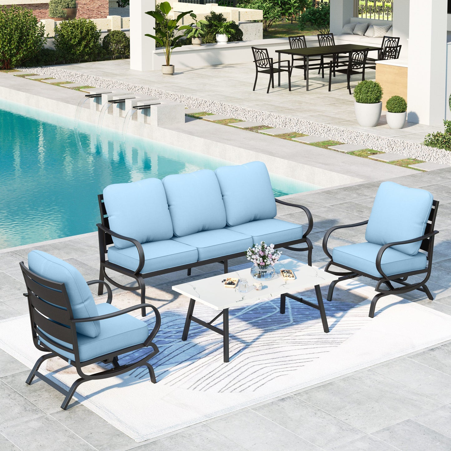 Summit Living Patio Conversation Set Outdoor Metal Furniture Sectional Sofa with Blue Cushion