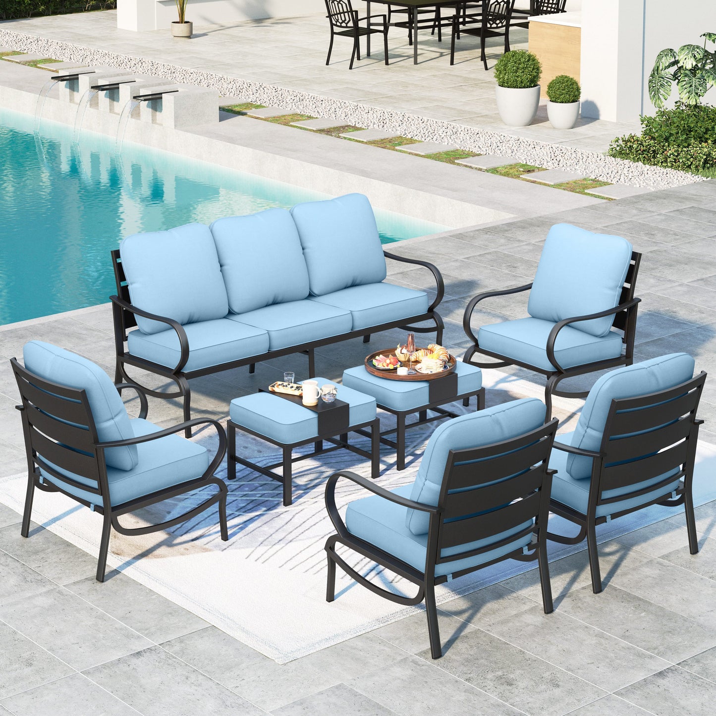 Summit Living Patio Conversation Set Outdoor Metal Furniture Sectional Sofa with Blue Cushion