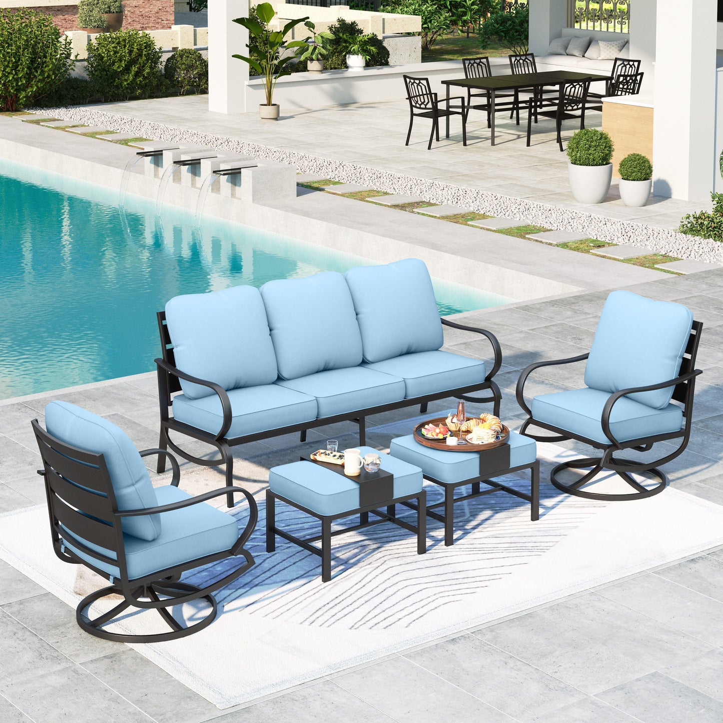 Summit Living Patio Conversation Set Outdoor Metal Furniture Sectional Sofa with Blue Cushion