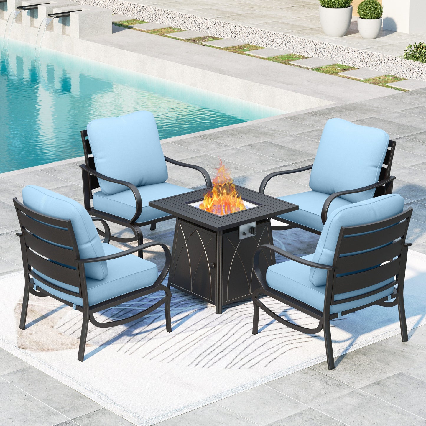 Summit Living Outdoor Furniture with Fire Pit Table Metal Patio Conversation Set, Beige Cushion