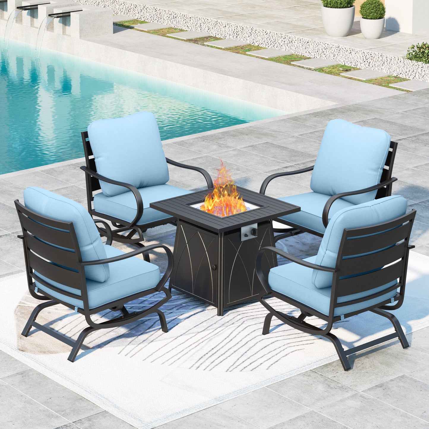 Summit Living Outdoor Furniture with Fire Pit Table Metal Patio Conversation Set, Beige Cushion