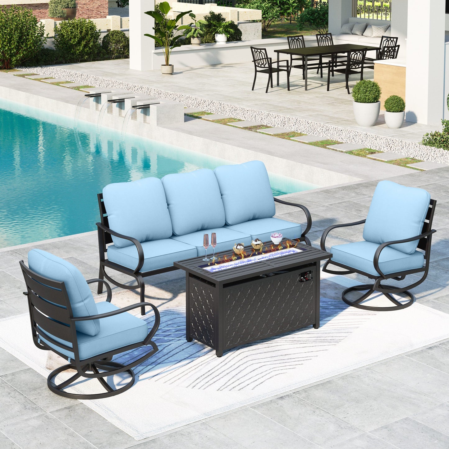 Summit Living Outdoor Furniture with Fire Pit Table Metal Patio Conversation Set, Beige Cushion