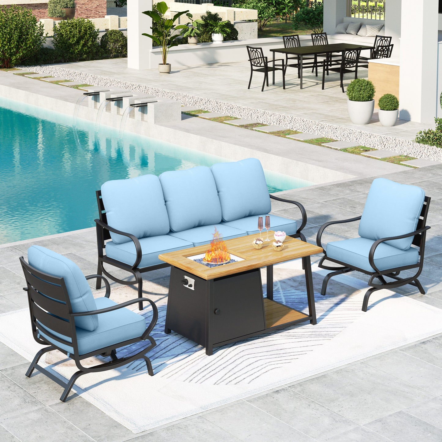 Summit Living Outdoor Furniture with Fire Pit Table Metal Patio Conversation Set, Beige Cushion