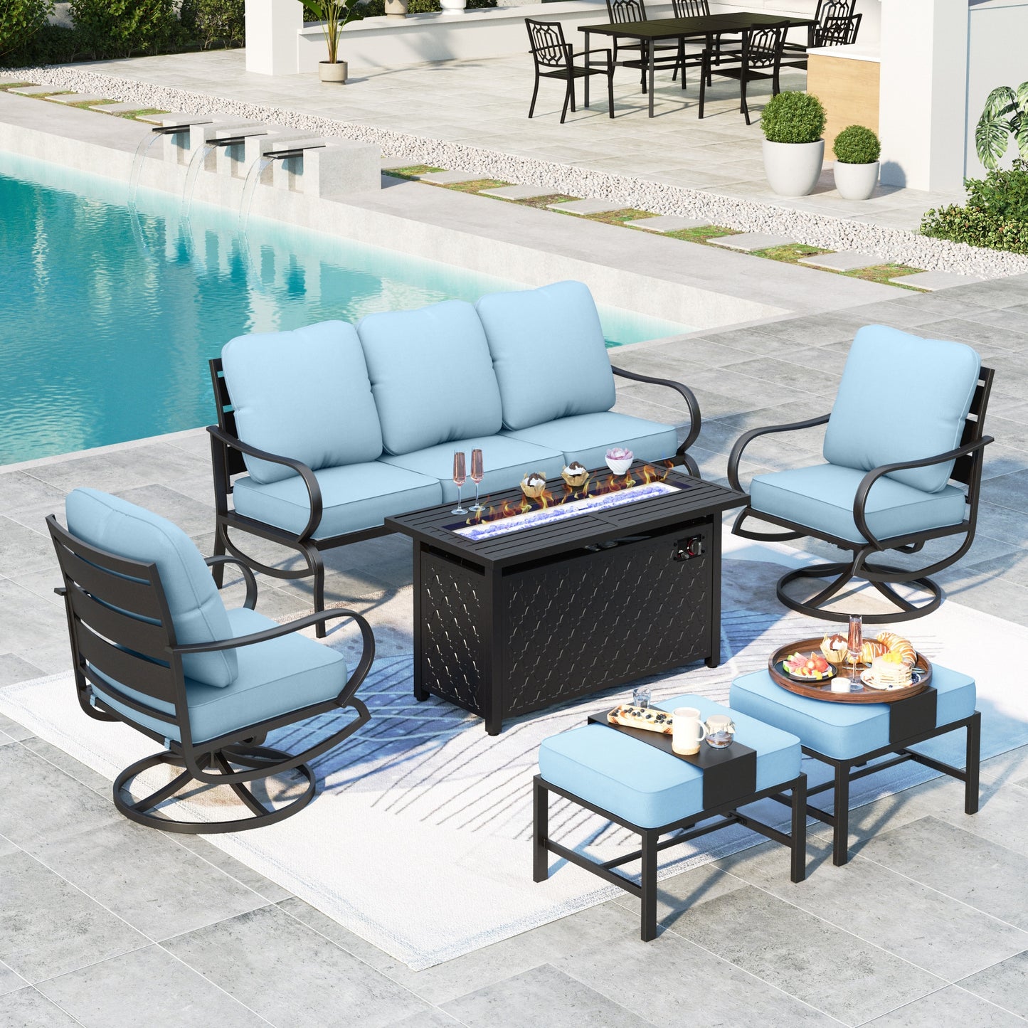 Summit Living Outdoor Furniture with Fire Pit Table Metal Patio Conversation Set, Beige Cushion