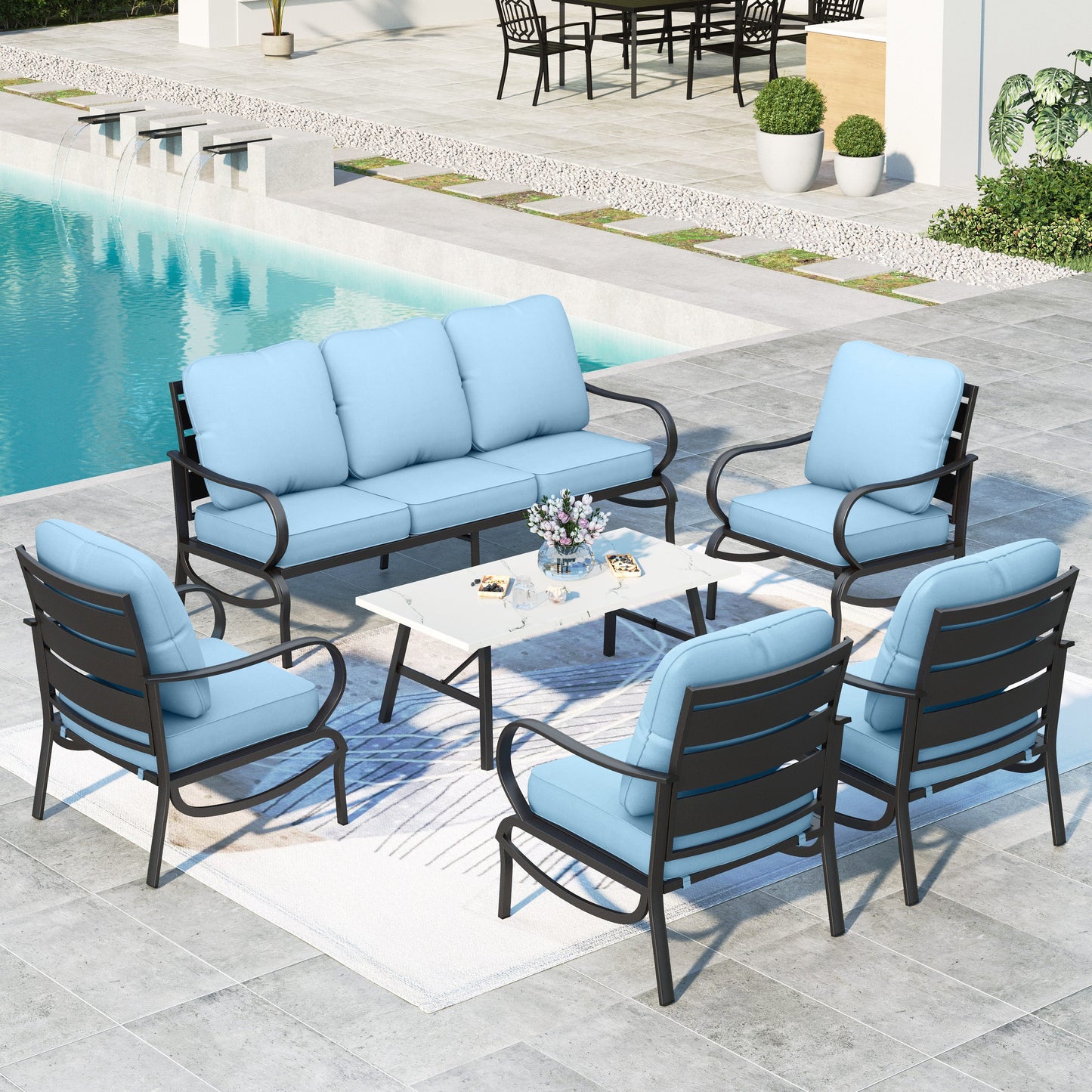 Summit Living Outdoor Furniture with Fire Pit Table Metal Patio Conversation Set, Beige Cushion