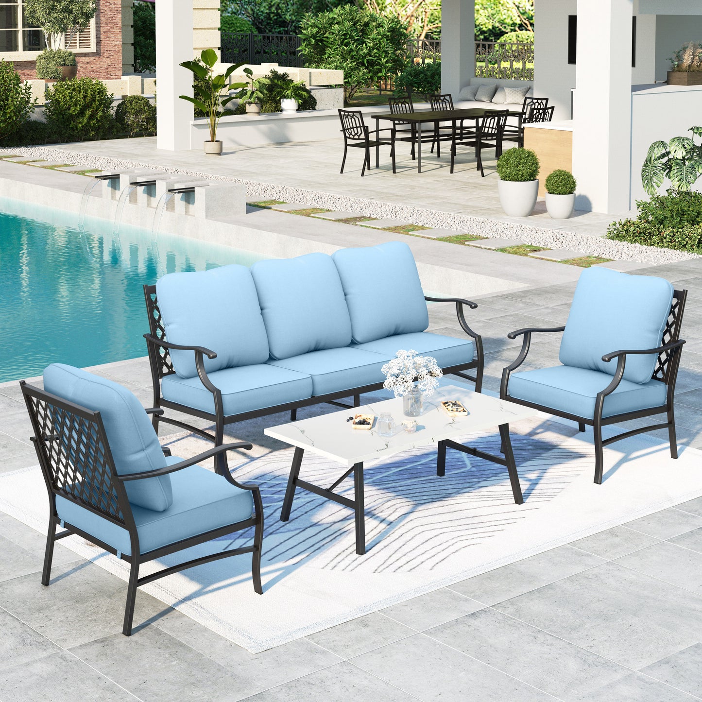 Summit Living Outdoor Conversation Set, Metal Patio Furniture Sofa Set with Blue Cushions