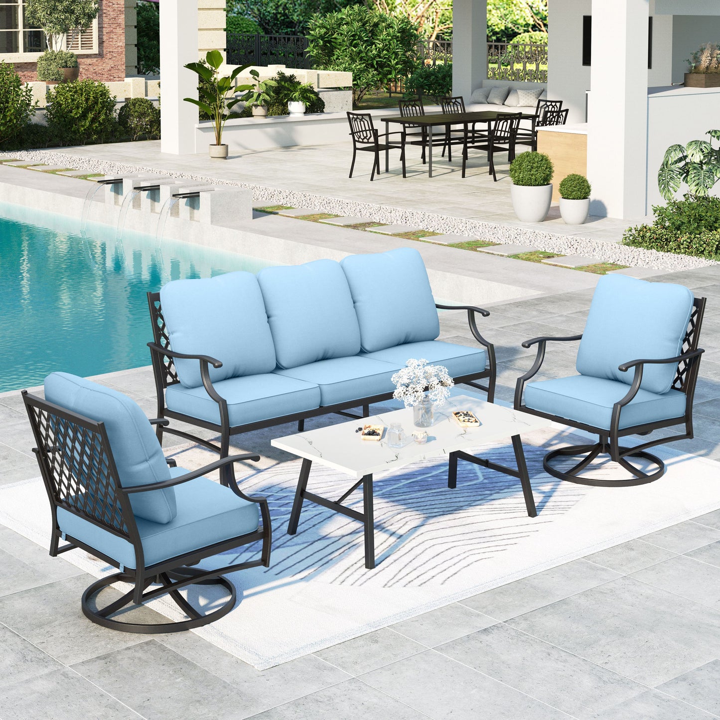 Summit Living Outdoor Conversation Set, Metal Patio Furniture Sofa Set with Blue Cushions