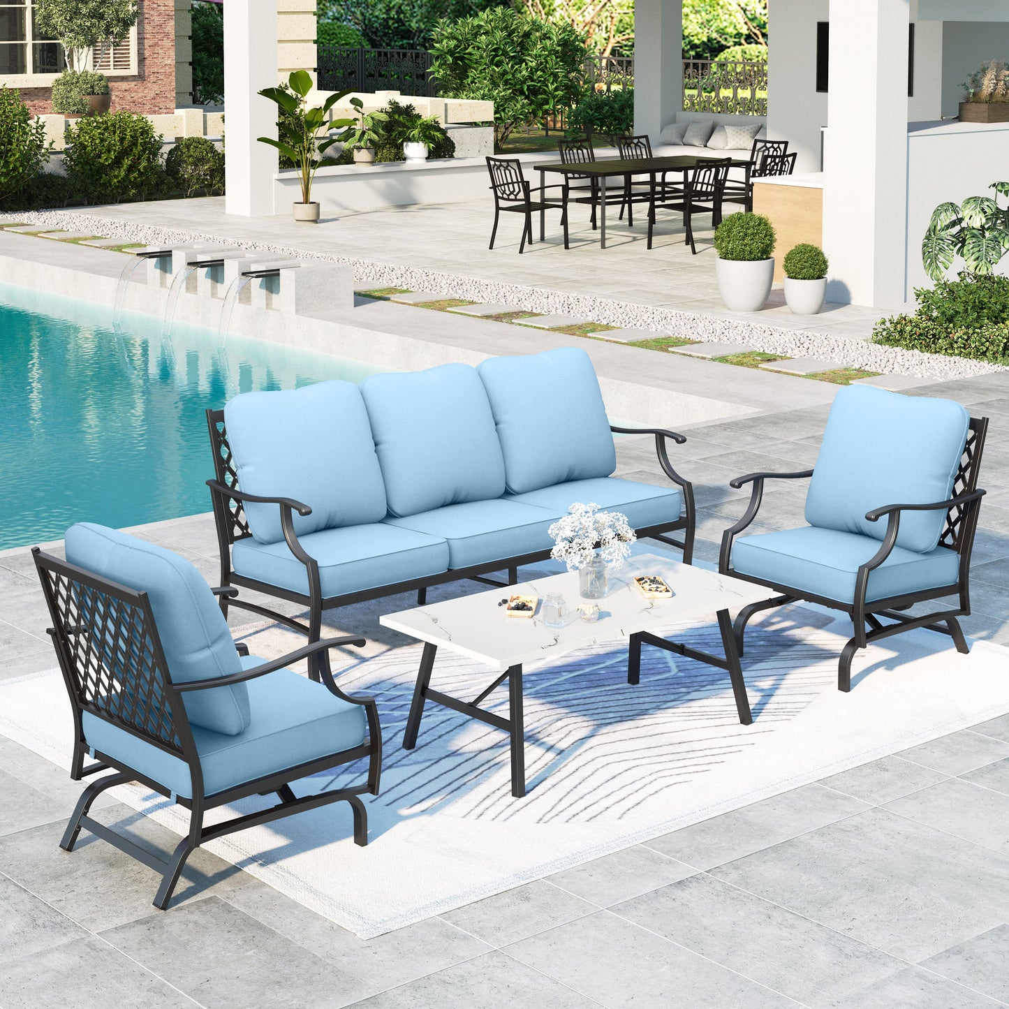 Summit Living Outdoor Conversation Set, Metal Patio Furniture Sofa Set with Blue Cushions