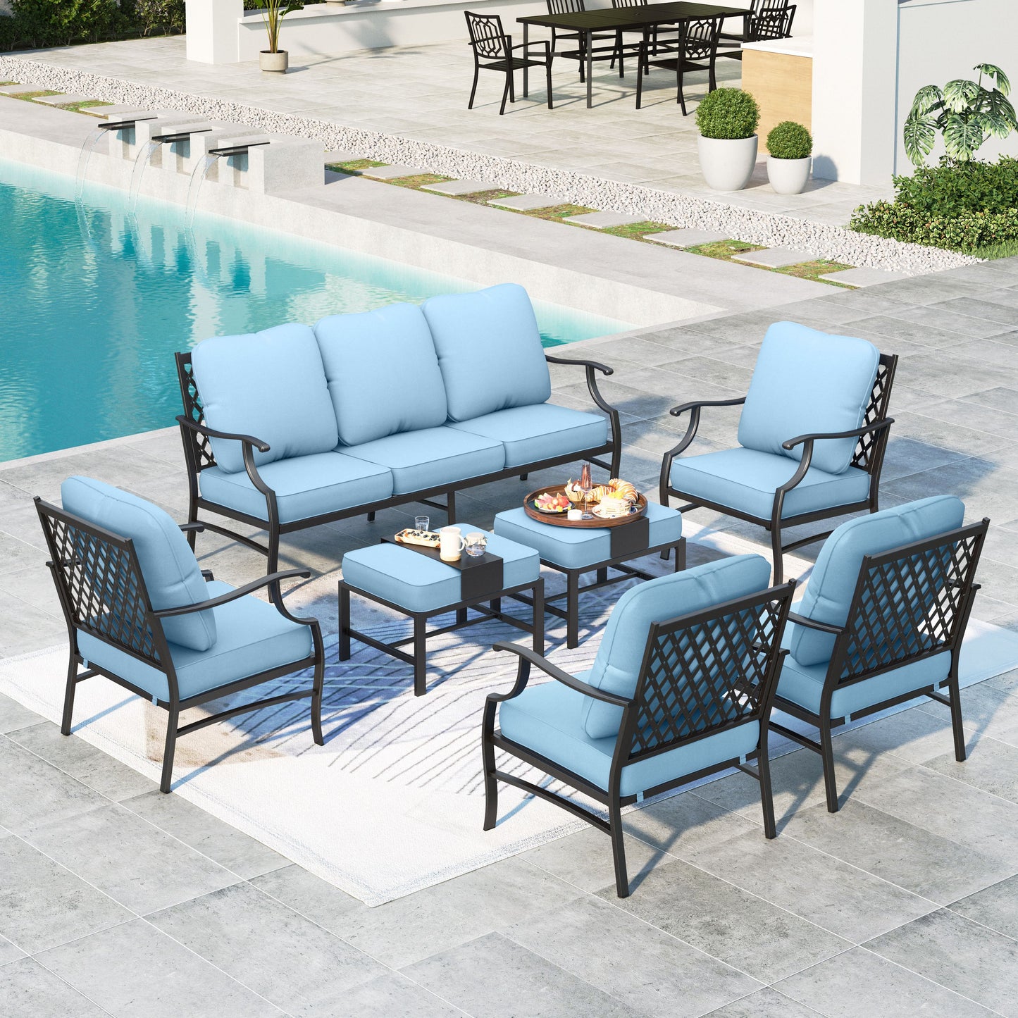 Summit Living Outdoor Conversation Set, Metal Patio Furniture Sofa Set with Blue Cushions