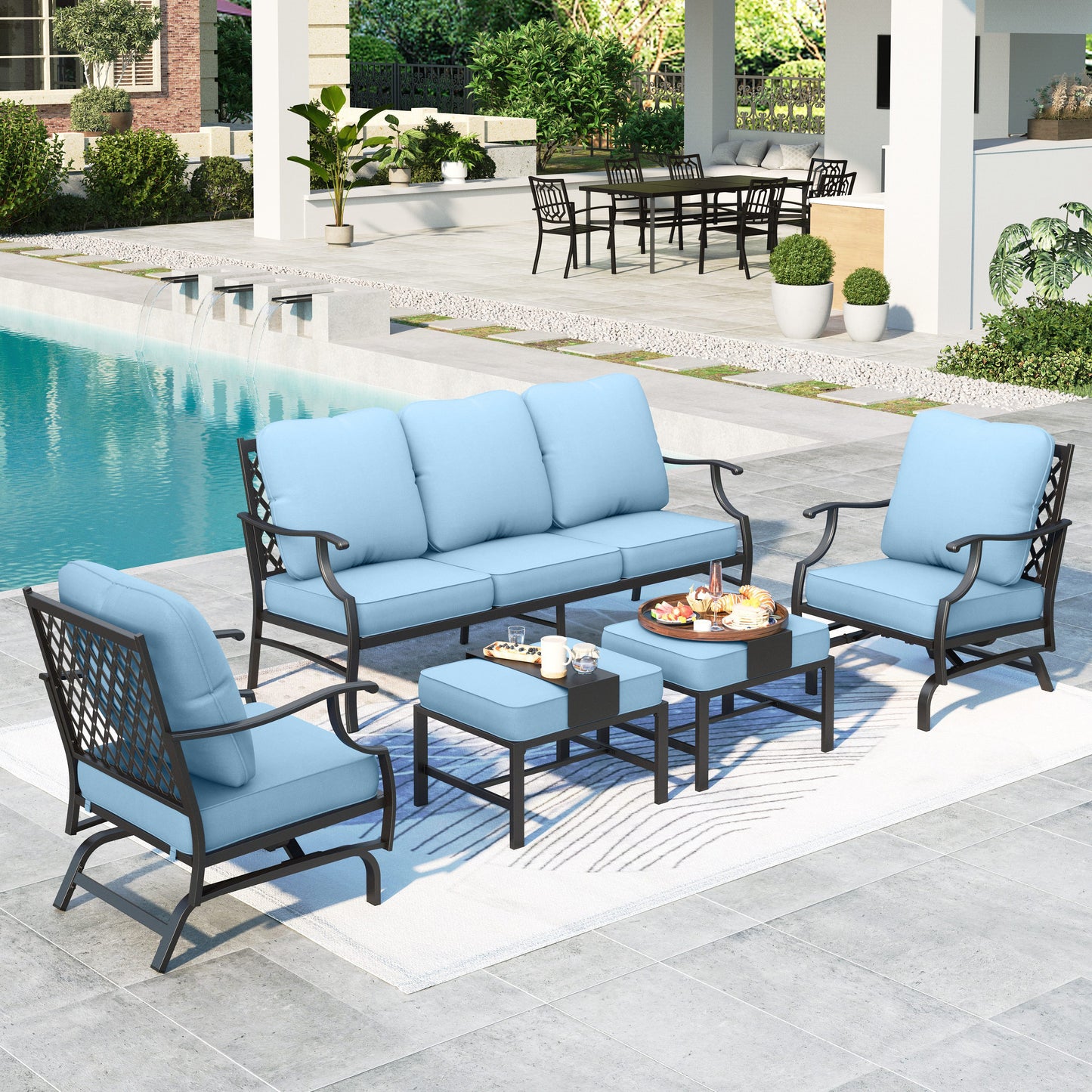 Summit Living Outdoor Conversation Set, Metal Patio Furniture Sofa Set with Blue Cushions