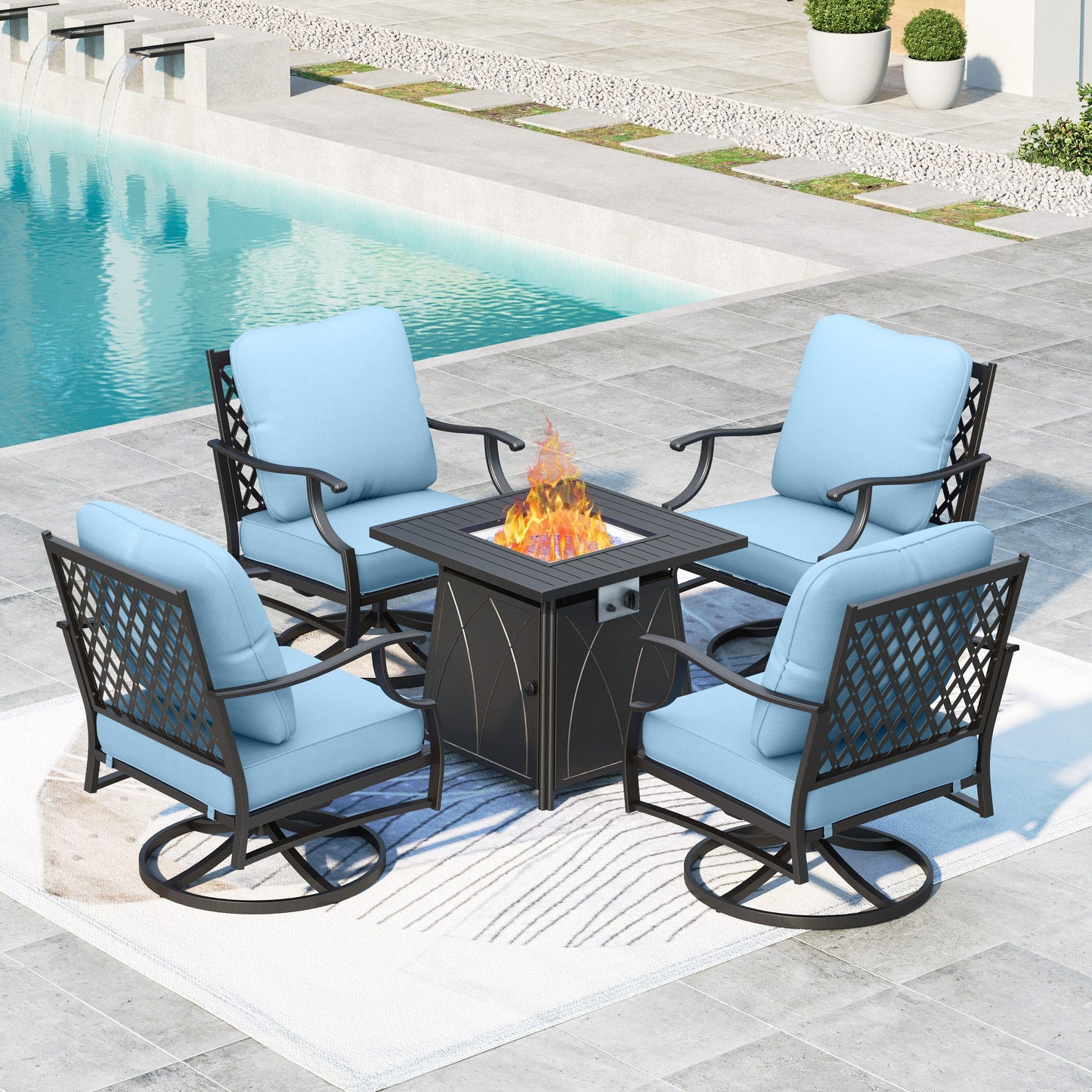 Summit Living Outdoor Conversation Set with Fire Pit Table, Patio Furniture Metal Sectional Sofa with Beige Cushions