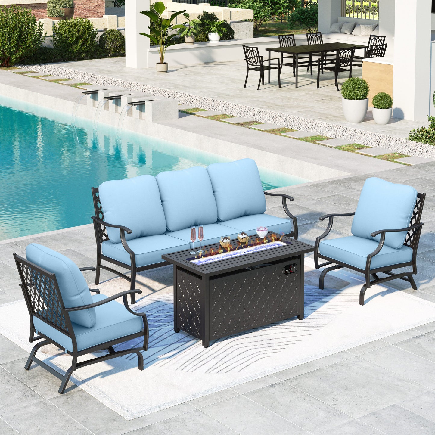 Summit Living Outdoor Conversation Set with Fire Pit Table, Patio Furniture Metal Sectional Sofa with Beige Cushions