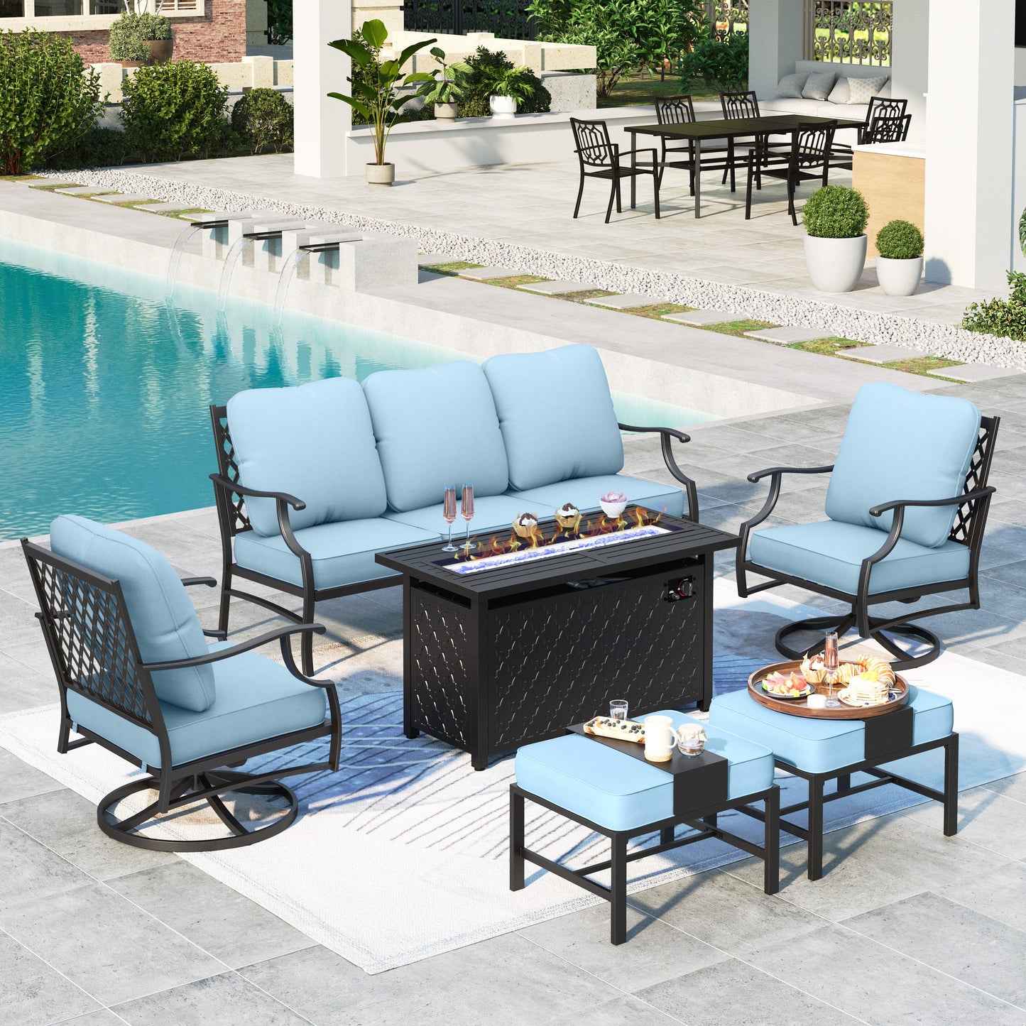 Summit Living Outdoor Conversation Set with Fire Pit Table, Patio Furniture Metal Sectional Sofa with Beige Cushions