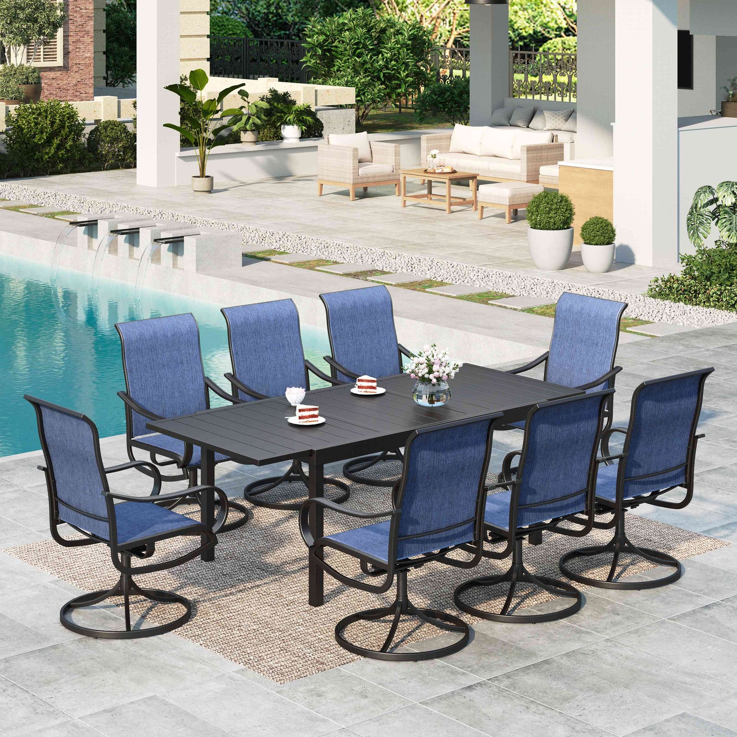 MF Studio 9-Piece Outdoor Patio Dining Set with Large Expandable Table & Swivel Textilene Chairs for 8 Person, Steel Frame, Black & Blue