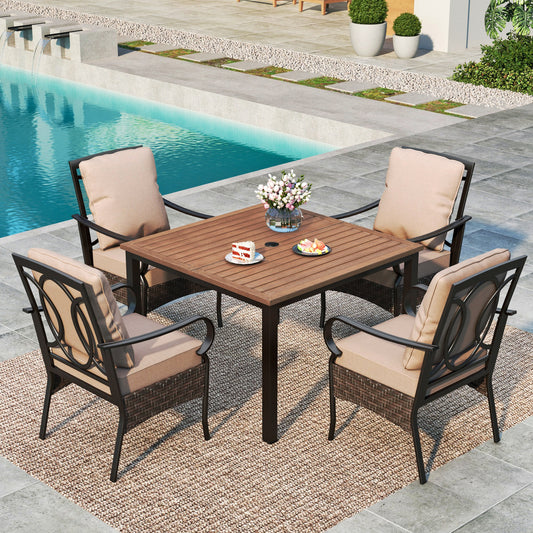 Summit Living 4-Seat Outdoor Dining Set with Wicker Cushioned Chairs & Wood Grain Table, 1.9" Umbrella Hole, Black & Beige