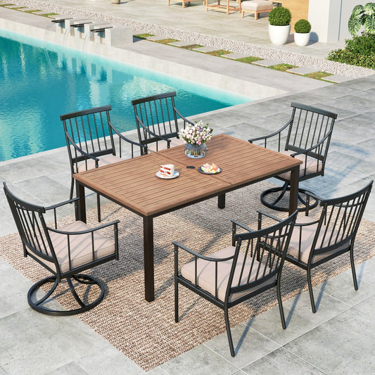 MF Studio 7-Piece Outdoor Dining Set with Faux Wood Table & Swivel Cushioned Chairs for 6-Person, All-Weather Resistance, Black & Beige