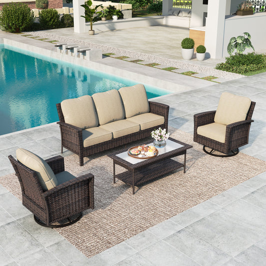 Summit Living 5-Piece Wicker Patio Furniture Set with 2 Swivel Chairs & 3-Seat Sofa with Coffee Table, Outdoor Rattan Sectional Conversation Set, Beige