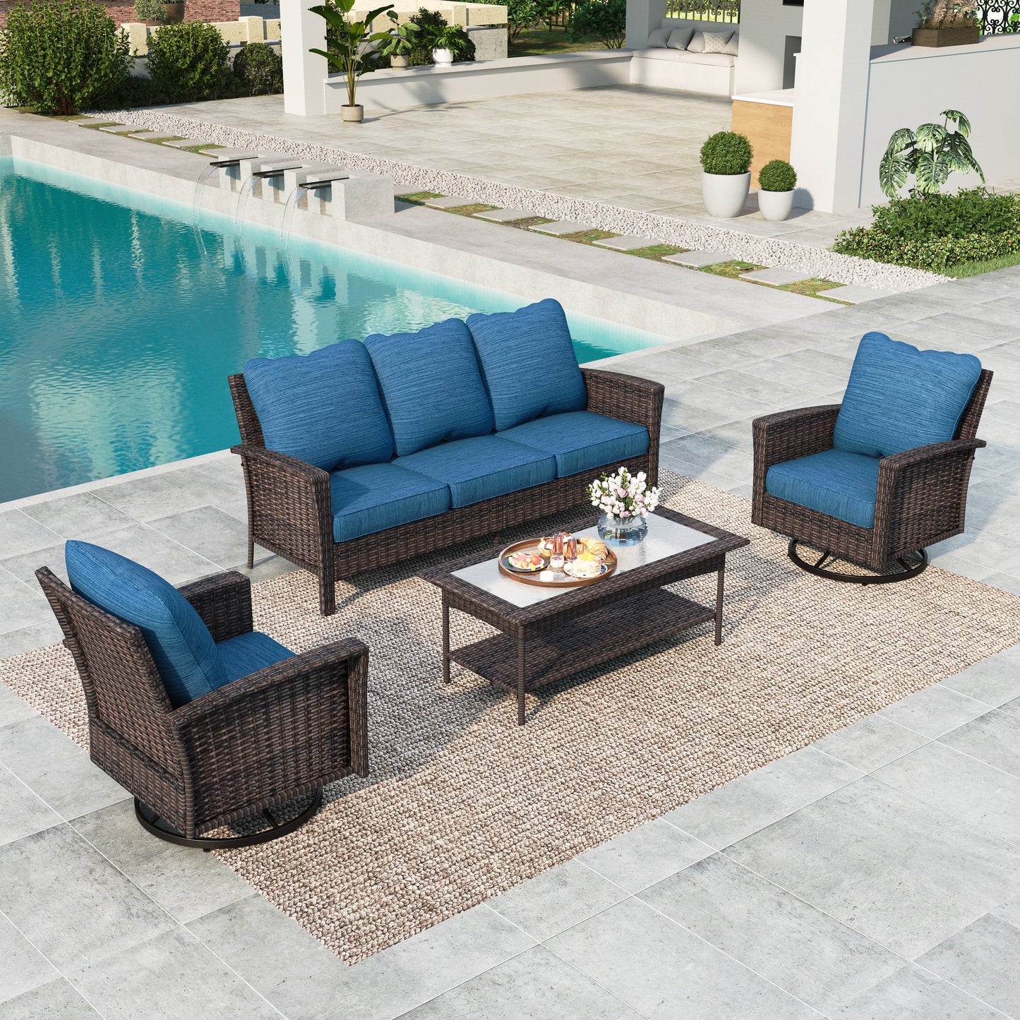 Summit Living 5-Piece Wicker Patio Furniture Set with 2 Swivel Chairs & 3-Seat Sofa with Coffee Table, Outdoor Rattan Sectional Conversation Set, Peacock-Blue